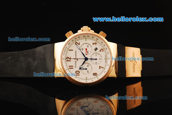 Ulysse Nardin Maxi Marine Chronograph Swiss Valjoux 7750 Automatic Movement Gold Case with White Dial and Black Rubber Strap - Click Image to Close